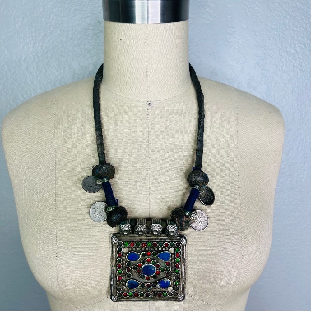 Vintage Tribal Pakistan 4 Coin Pendant Prayer Box Statement Necklace bohemain